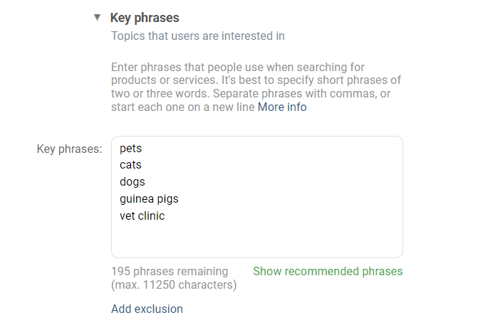 The "Key phrases" setting